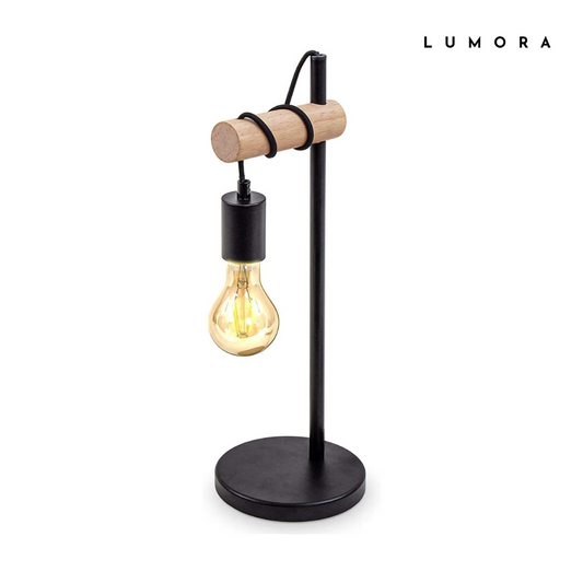 Lampe de bureau design bois et métal – ampoule apparente