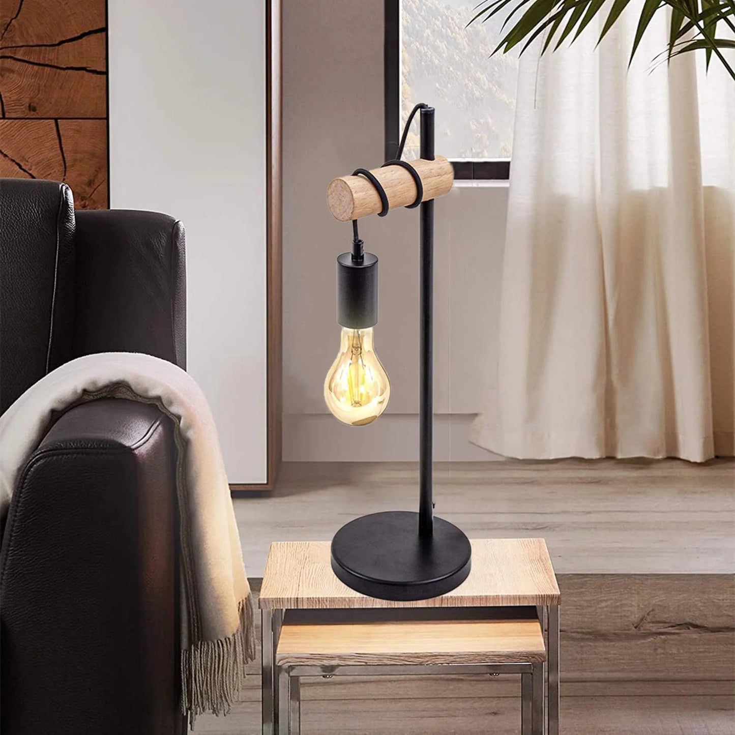 Lampe de bureau design bois et métal – ampoule apparente